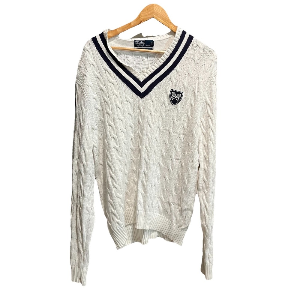 Polo Ralph Lauren White V Neck Cricket Tennis‎ Cable Knit Men's Sweater Size L